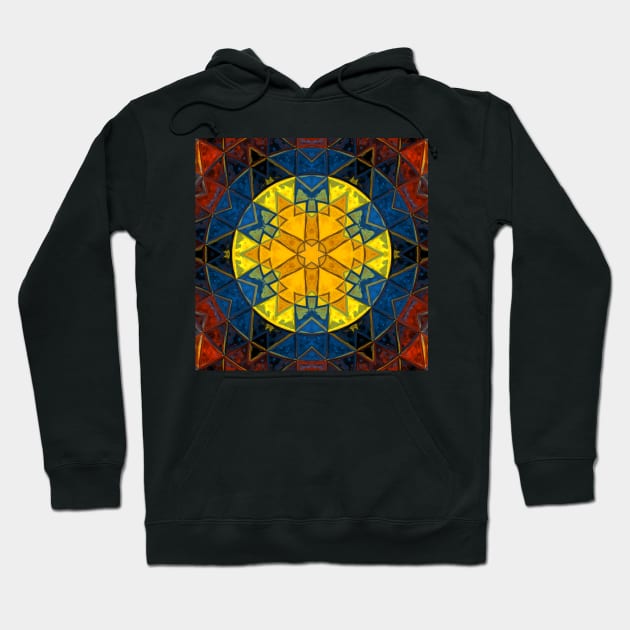 Mosaic Mandala Flower Yellow Blue and Red Hoodie by WormholeOrbital